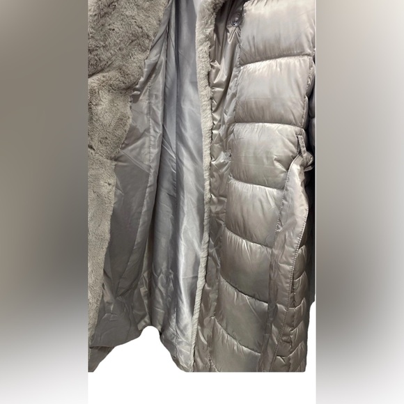 New Centigrade Champagne Gold XL Long Puffer Coat Faux Fur Hood Trim Belted - Picture 8 of 12